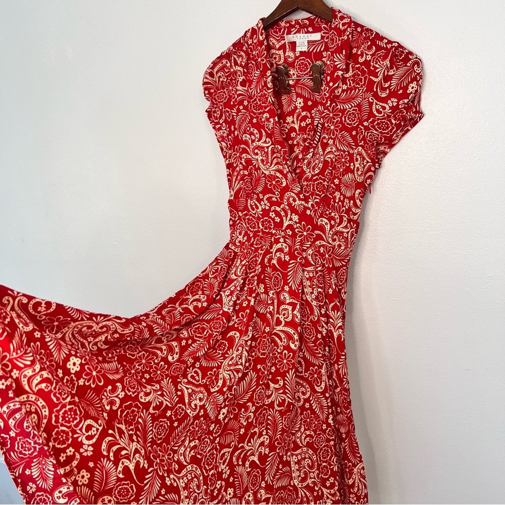 red silk floral wrap dress